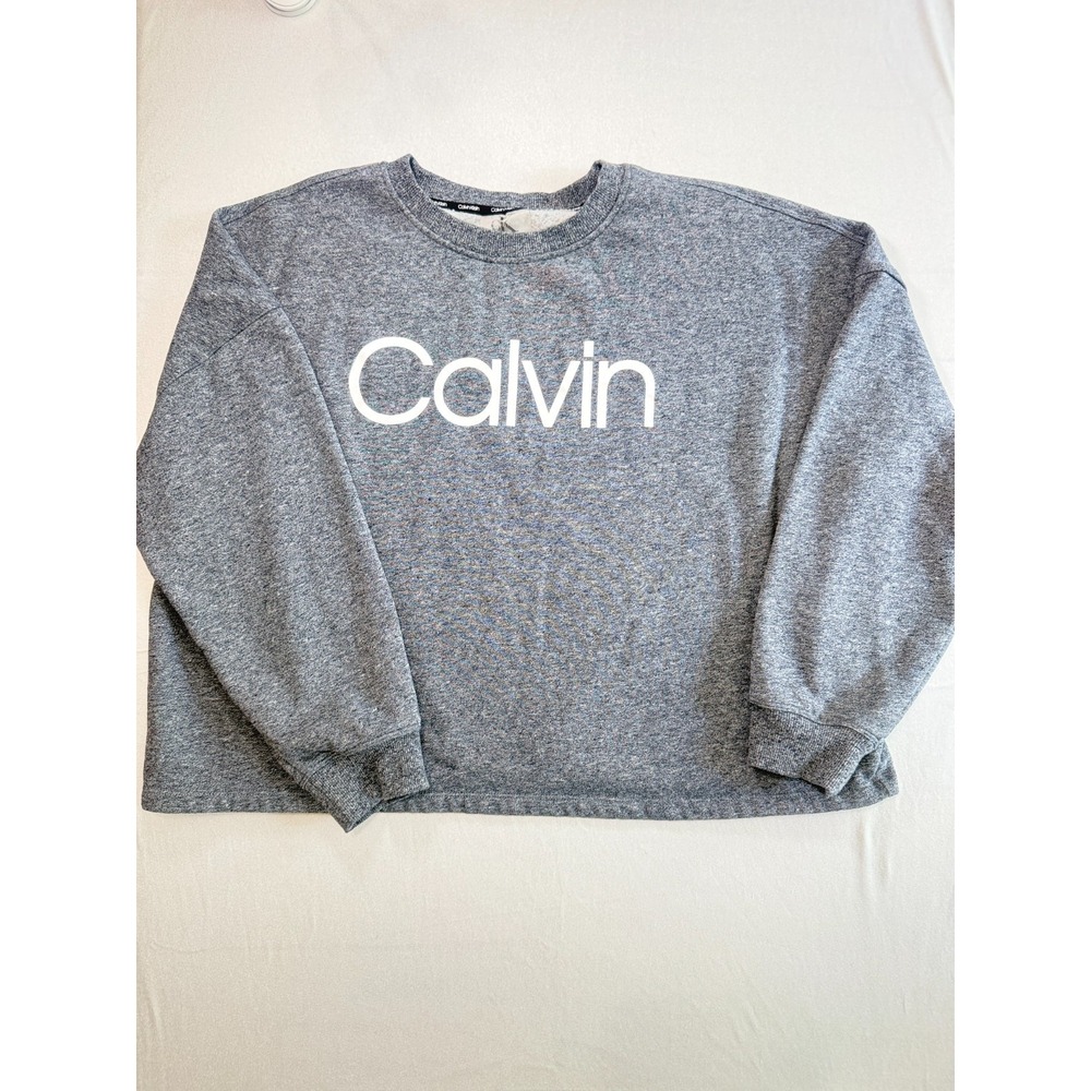 Calvin Klein Womens XL Grey Logo Cropped Boxy Fleece Sweatshirt Cotton Blend